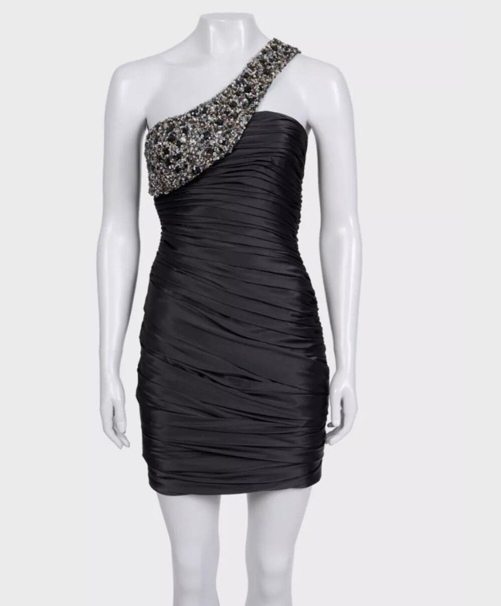 NWOT Mandalay Black Satin Asymmetrical Mini Dress Sz.4